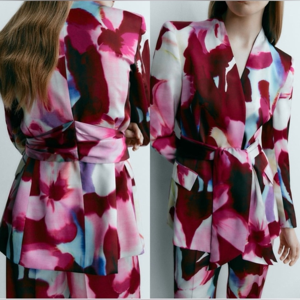 Zara Floral Watercolor Blazer in Pink, Burgundy, Lavender with Tie Belt - Picture 4 of 8